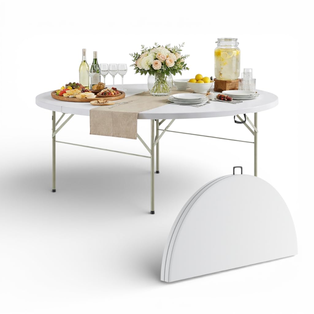 6 Ft Round Bi-Fold Folding Table with 10 Chairs N64008