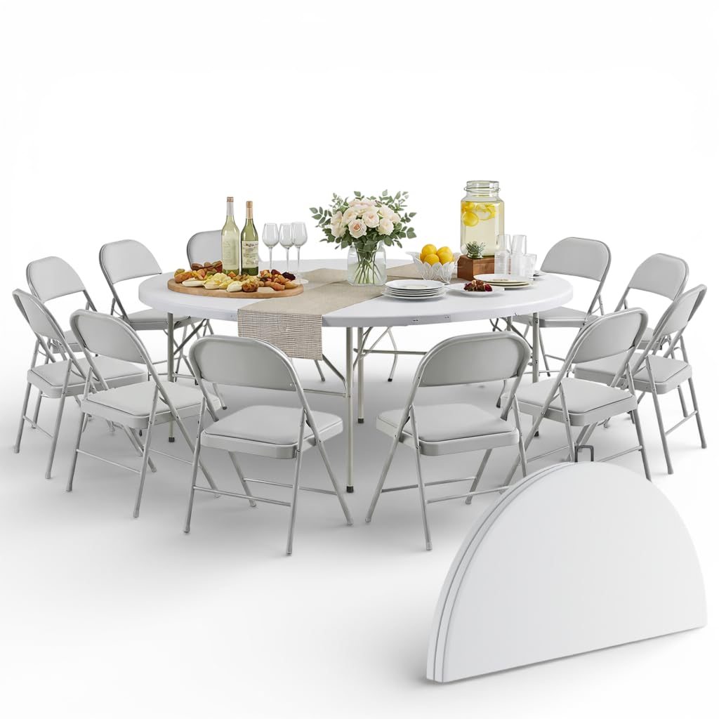6 Ft Round Bi-Fold Folding Table with 10 Chairs N64008