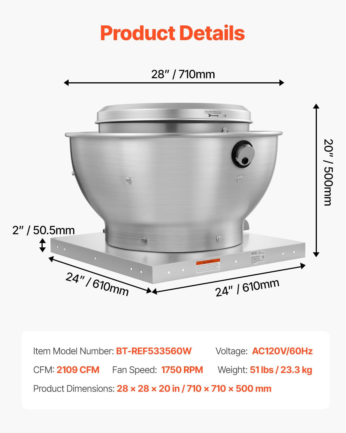 Commercial Kitchen Exhaust Fan 2109 CFM 0.75HP W24943