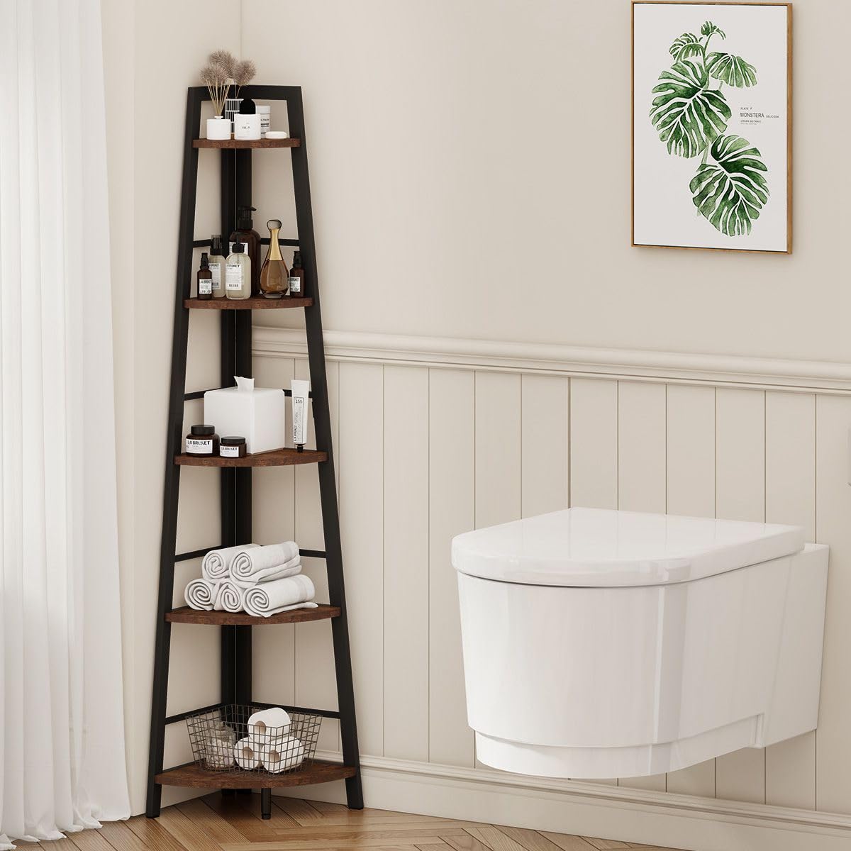 5-Tier Black Metal Wood Corner Bookshelf X895
