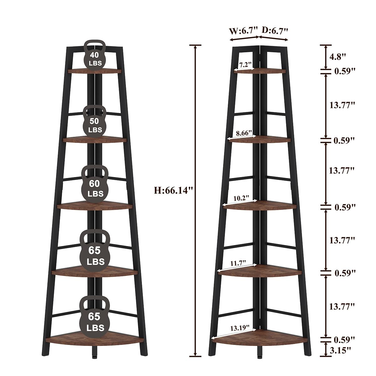 5-Tier Black Metal Wood Corner Bookshelf X895