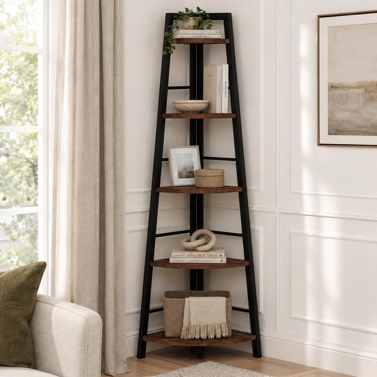 5-Tier Black Metal Wood Corner Bookshelf X895