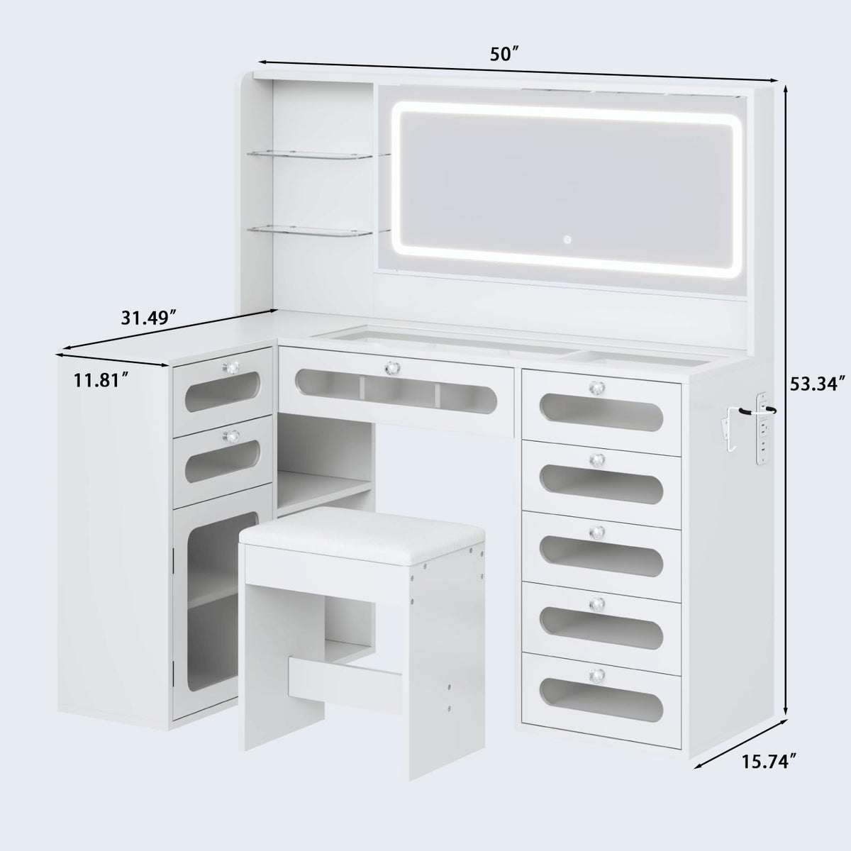 White Makeup Vanity with Mirror and Lights, 8 Drawers and Stool C23521