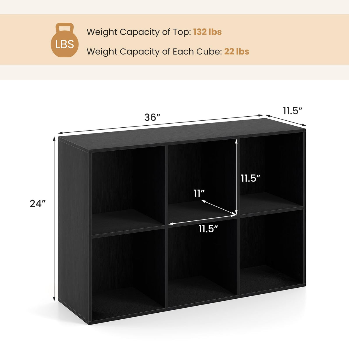 Black 6-Cube 3-Tier Bookcase P4270