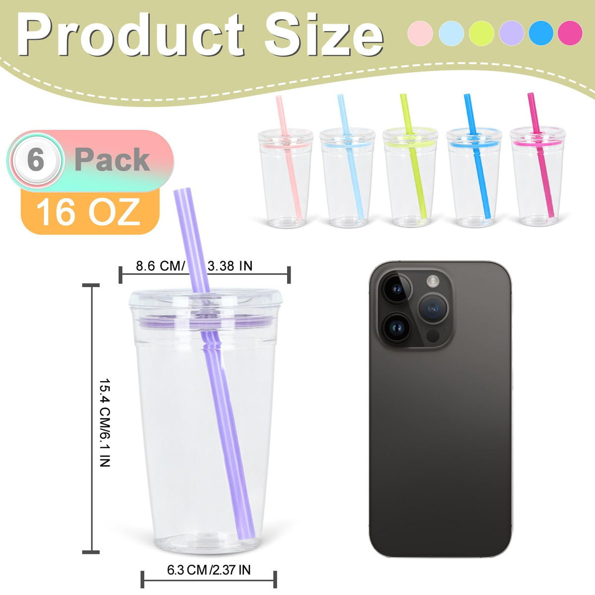 6 Pack 16Oz Acrylic Tumbler with Straw and Lid A538296