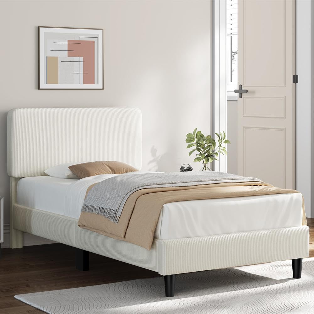 Twin Bed Frame with Adjustable Chenille Upholstered Headboard, Beige F63374