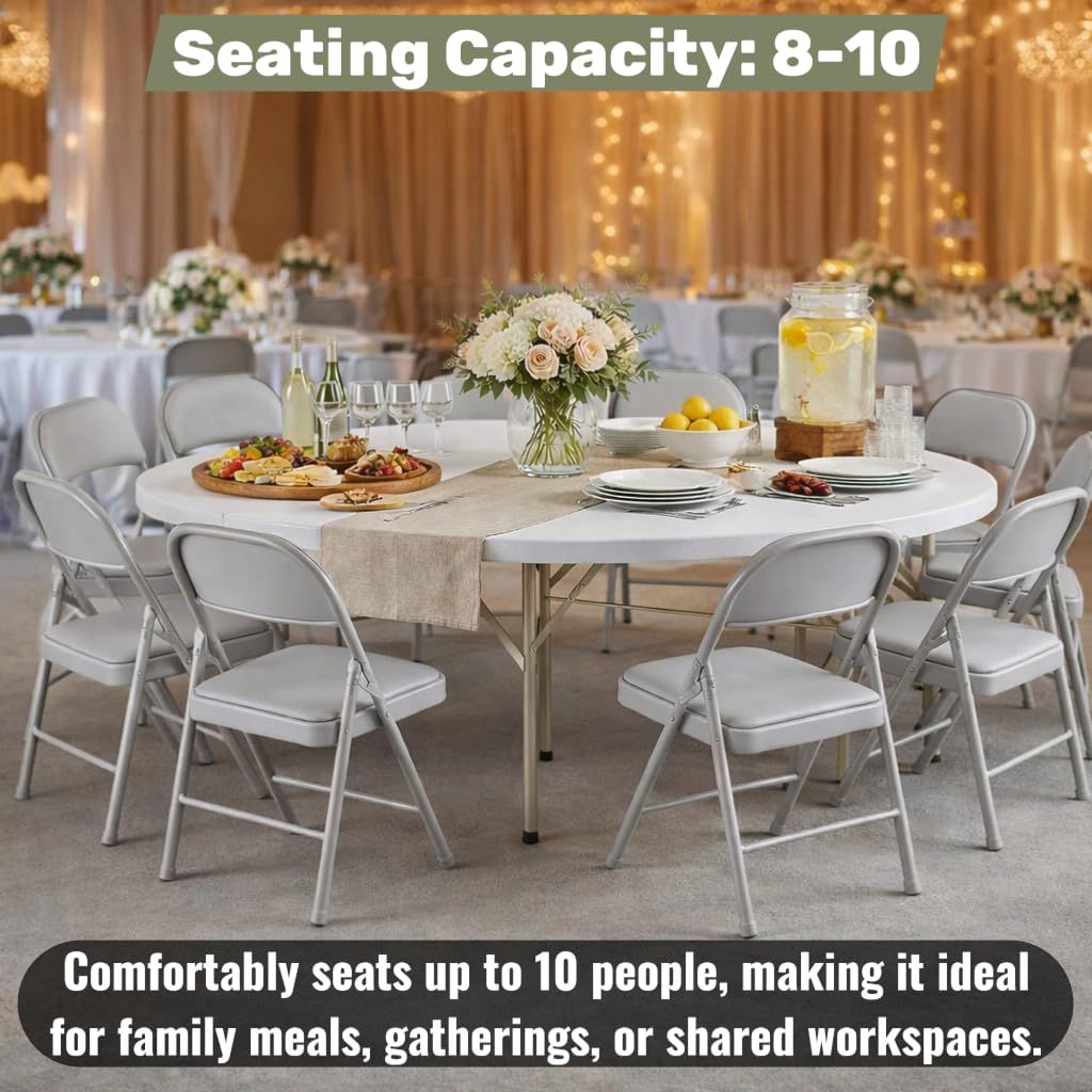 6 Ft Round Bi-Fold Folding Table with 10 Chairs N64008