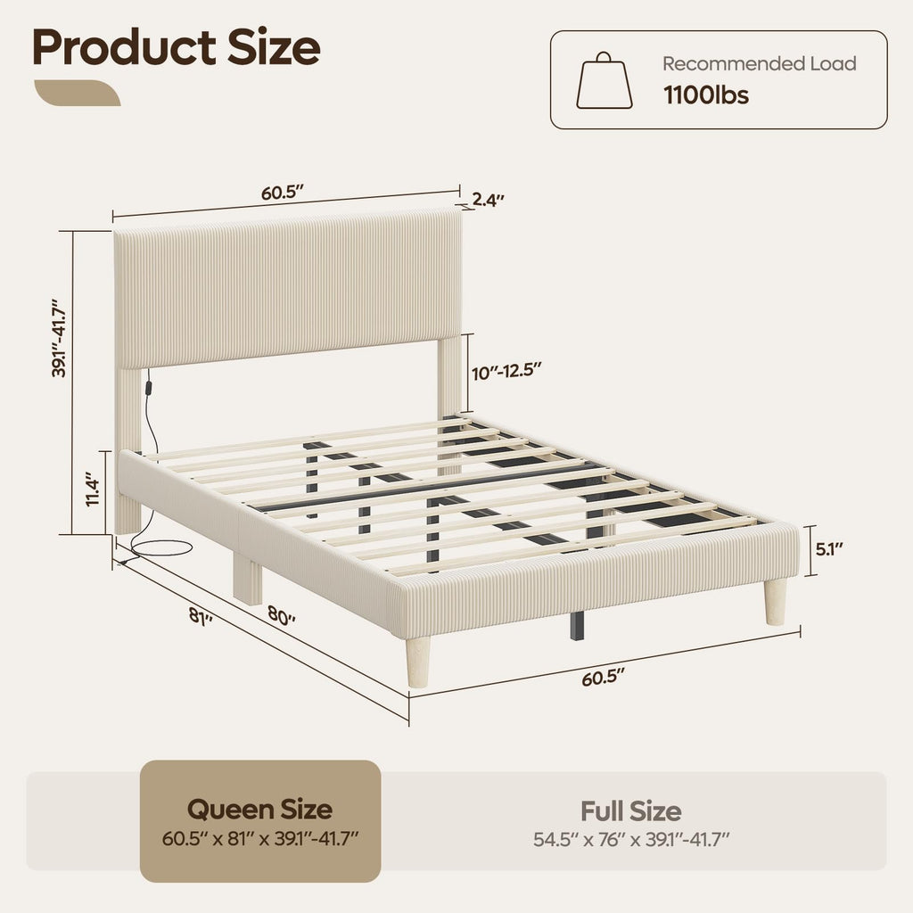 Queen Bed Frame with Headboard LED Lighting, Upholstered, Beige I4982