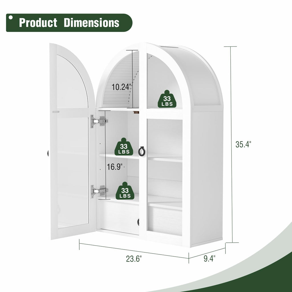 White Arched Bathroom Wall Cabinet with Tempered Glass Door and Adjustable Shelf F137