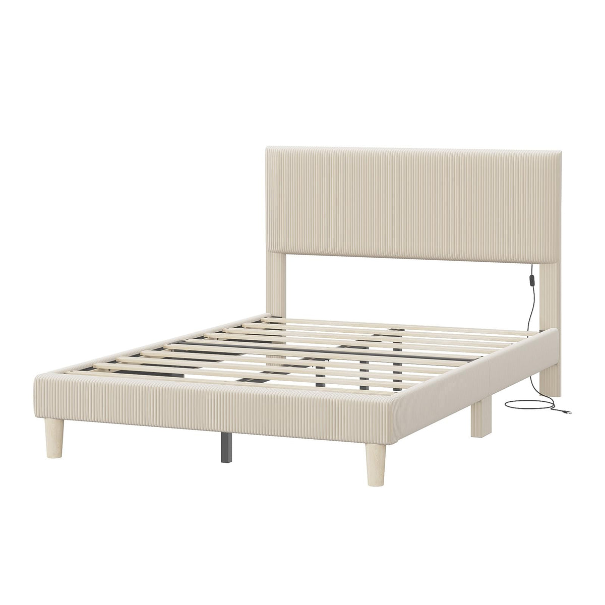 Queen Bed Frame with Headboard LED Lighting, Upholstered, Beige I4982