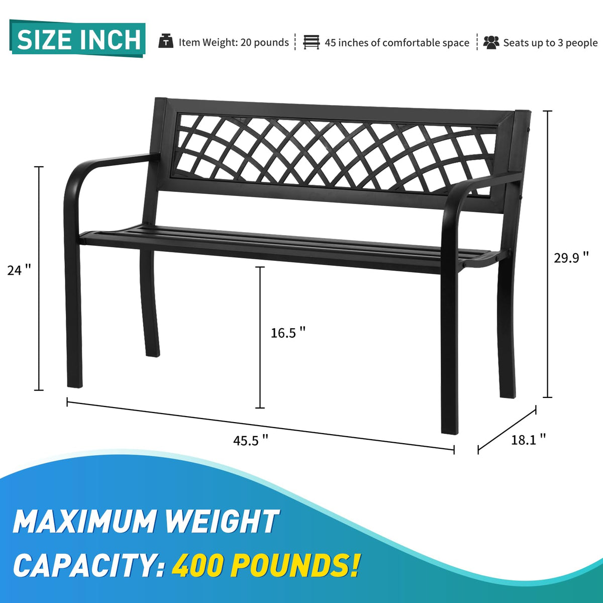 Black Iron Steel Outdoor Bench with Backrest and Armrests A11070