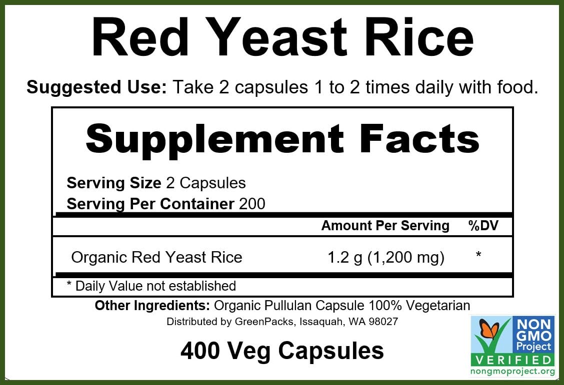 Organic Red Yeast Rice Supplement, 400 Capsules I95935