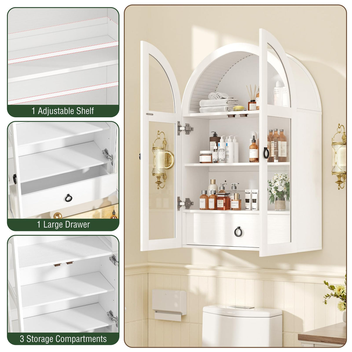 White Arched Bathroom Wall Cabinet with Tempered Glass Door and Adjustable Shelf F137