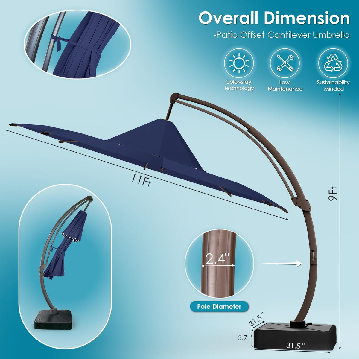 11-FT Patio Offset Cantilever Umbrella with Base V257404