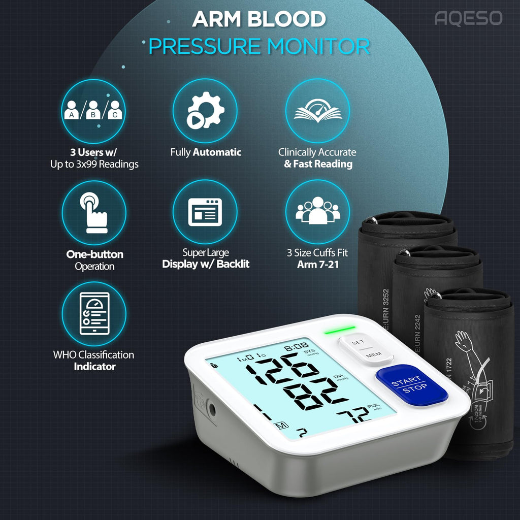 Blood Pressure Machine Upper Arm with 3 Size Cuffs and Large Backlit LCD Q102030