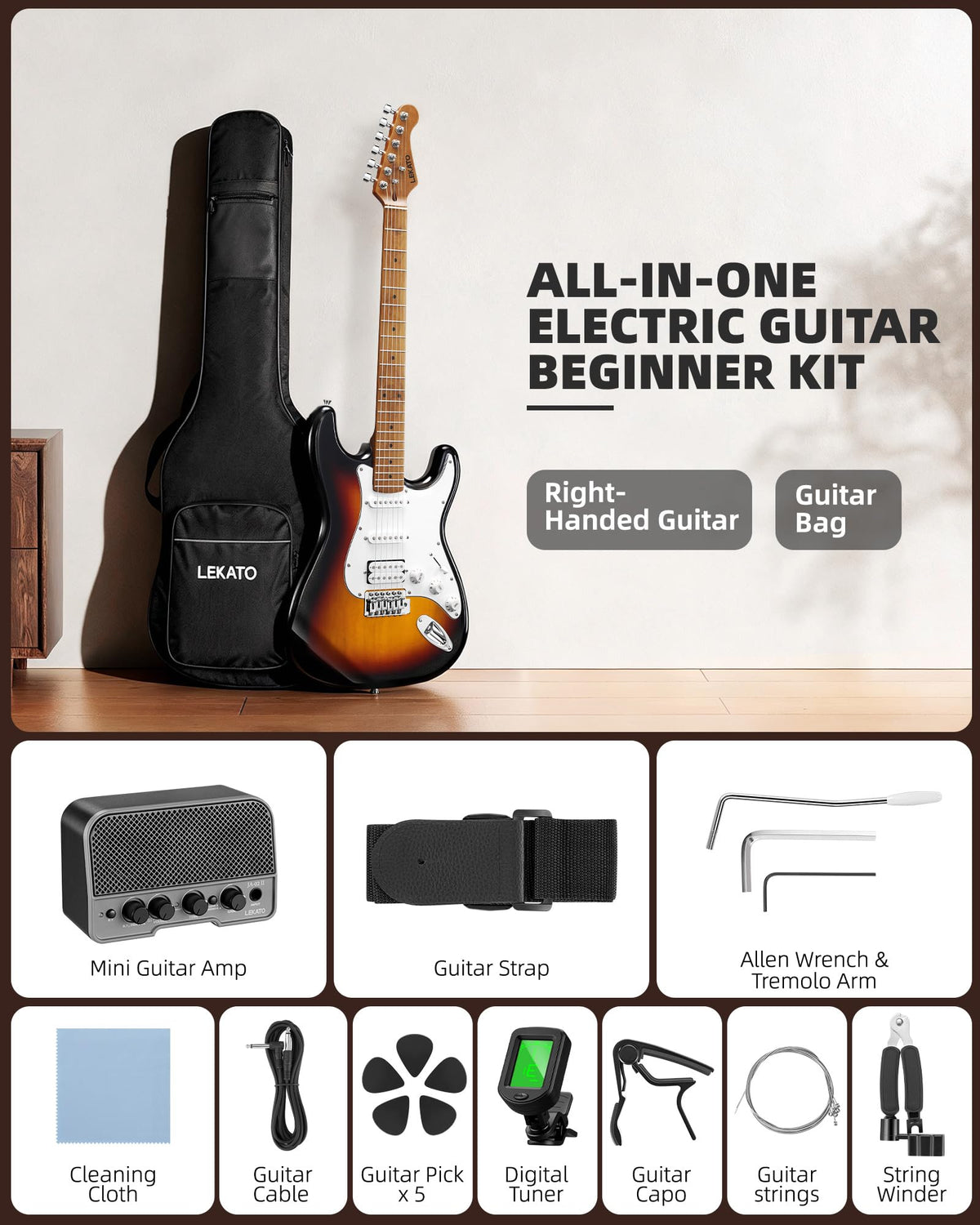 39 Inch HSS Electric Guitar Kit with 5W Mini Amp and Bag D9450