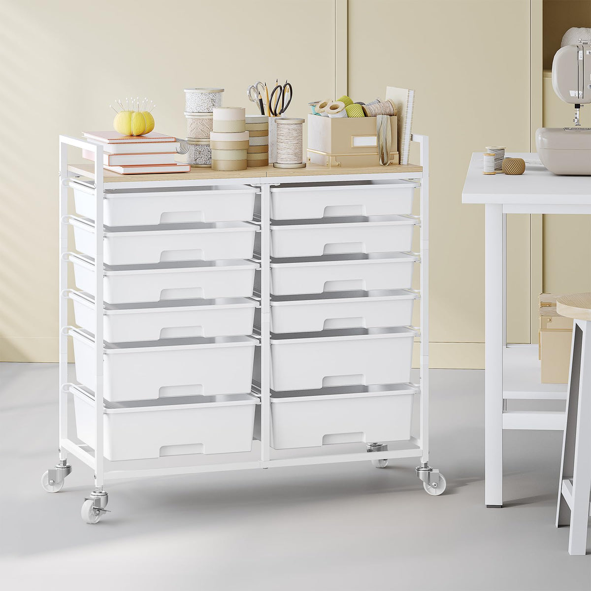 White 12 Drawers Rolling Storage Cart with Wooden Top Z715739