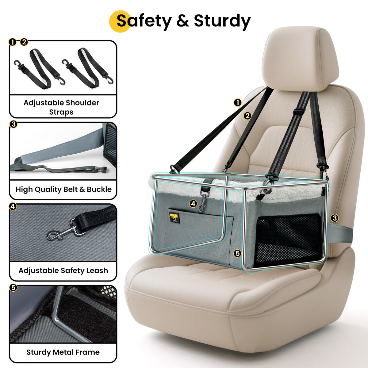 Dog Car Seat Booster Steel Frame Grey F232401