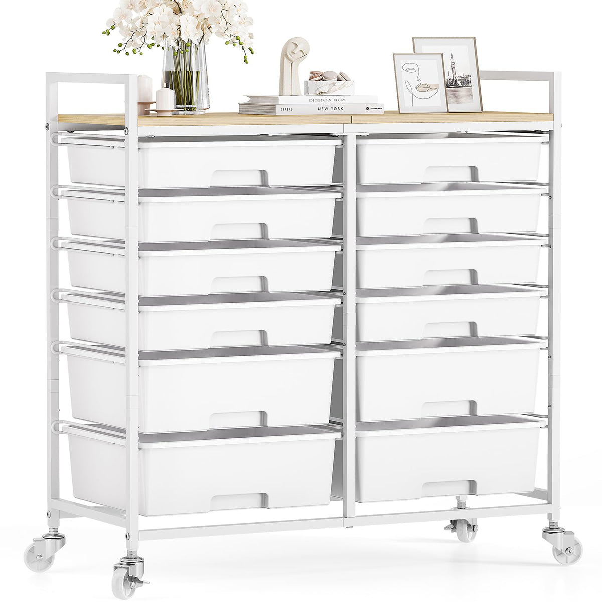 White 12 Drawers Rolling Storage Cart with Wooden Top Z715739