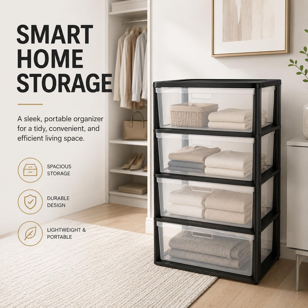Wide 4 Drawer Plastic Storage Tower Organizer S946