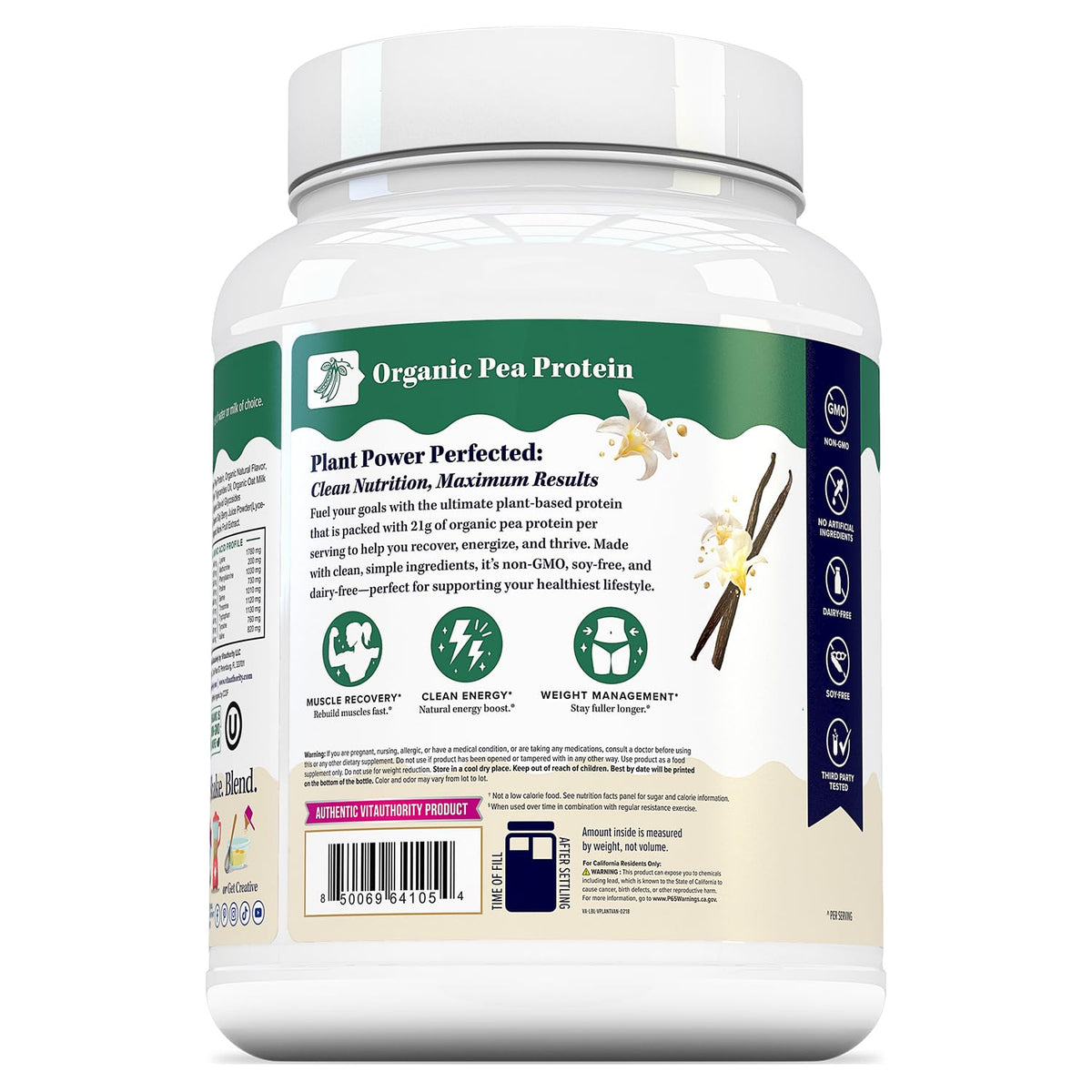 Plant Based Vegan Protein Powder with BCAAs & MCTs, Vanilla, 30 Servings K252