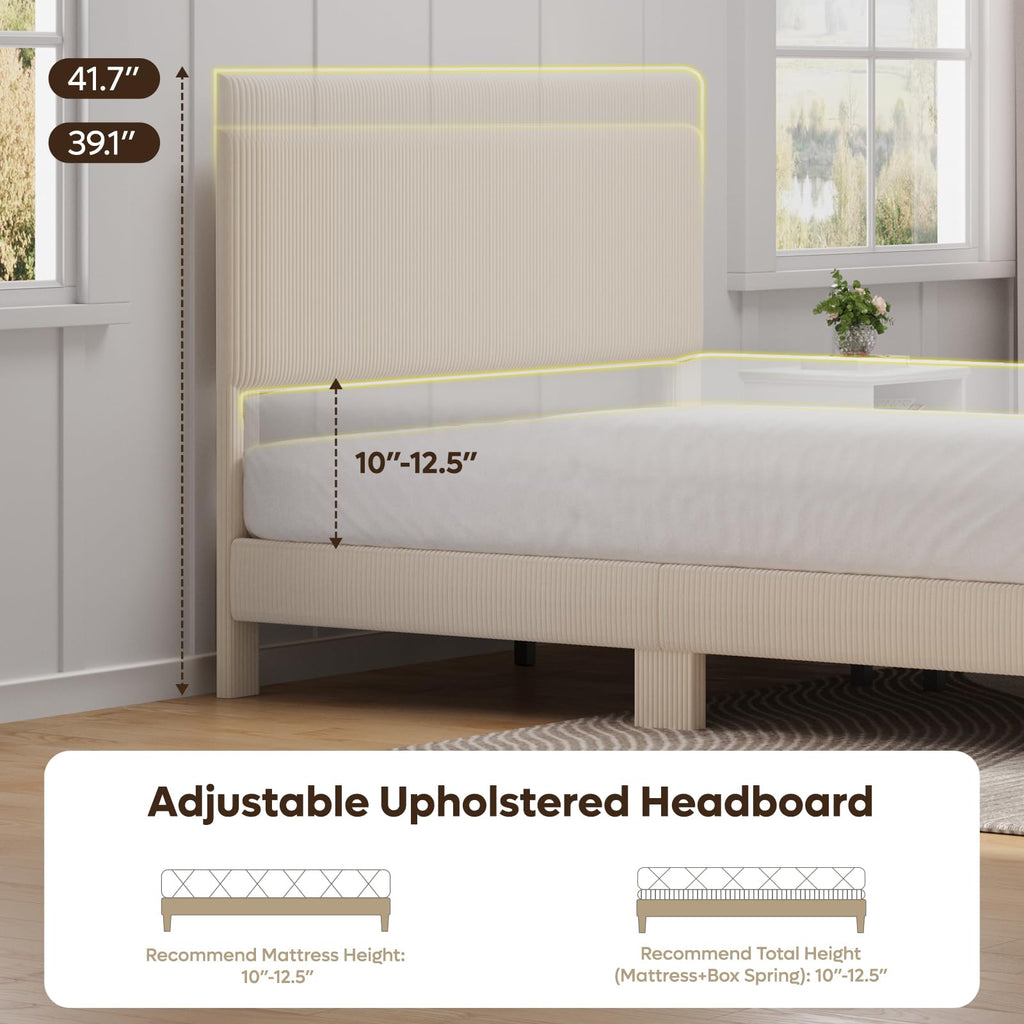 Queen Bed Frame with Headboard LED Lighting, Upholstered, Beige I4982