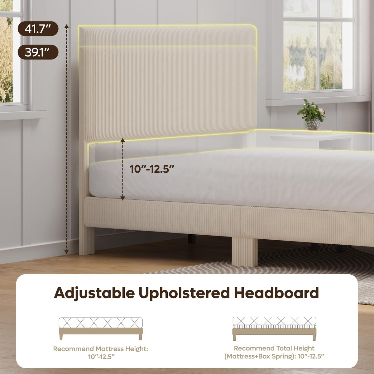 Queen Bed Frame with Headboard LED Lighting, Upholstered, Beige I4982