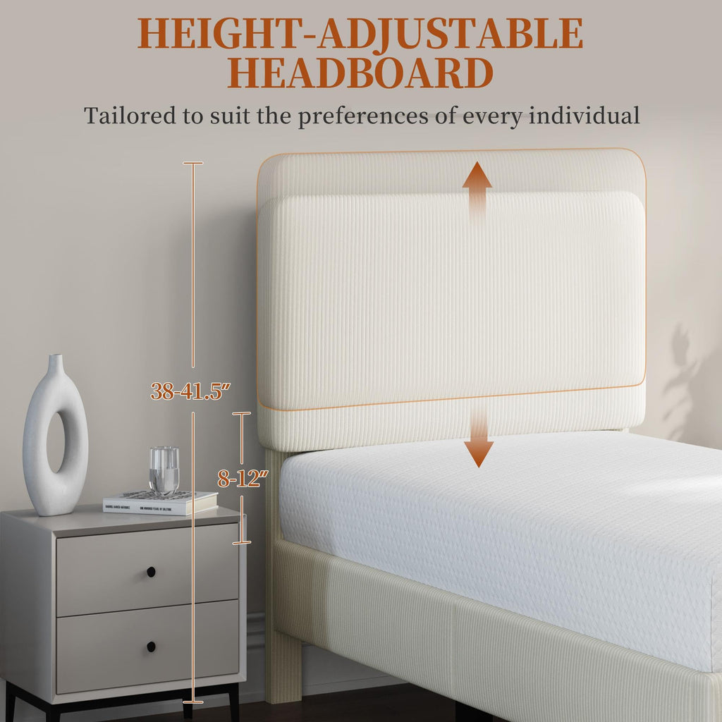 Twin Bed Frame with Adjustable Chenille Upholstered Headboard, Beige F63374