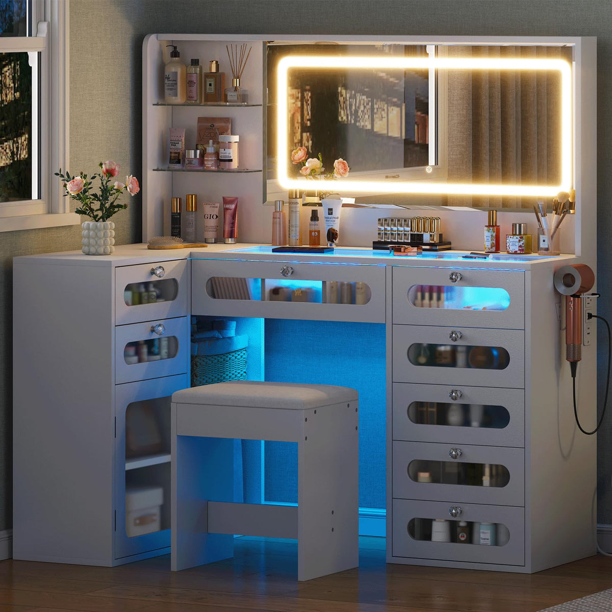 White Makeup Vanity with Mirror and Lights, 8 Drawers and Stool C23521