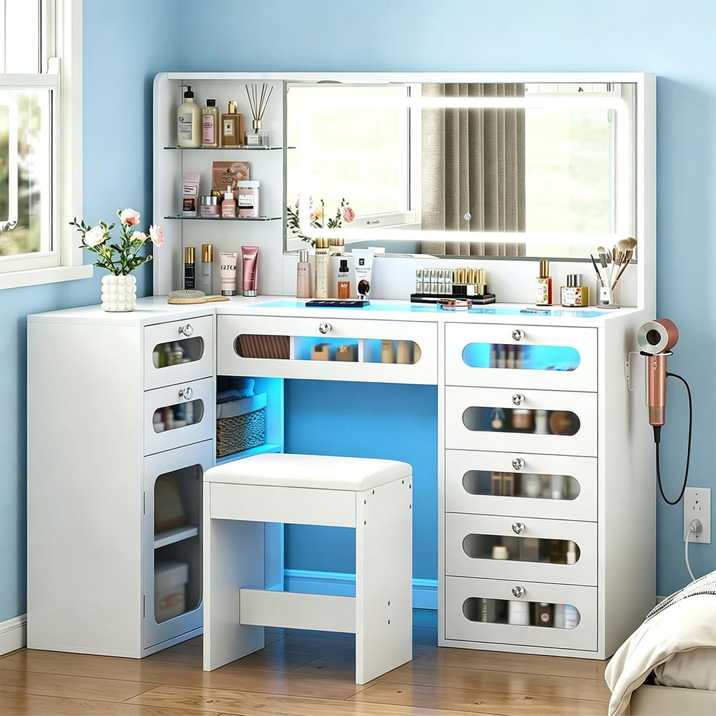 White Makeup Vanity with Mirror and Lights, 8 Drawers and Stool C23521