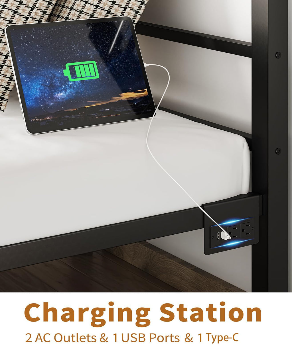 Black Twin Bed Frame with LED Lights and Charging Station E1038