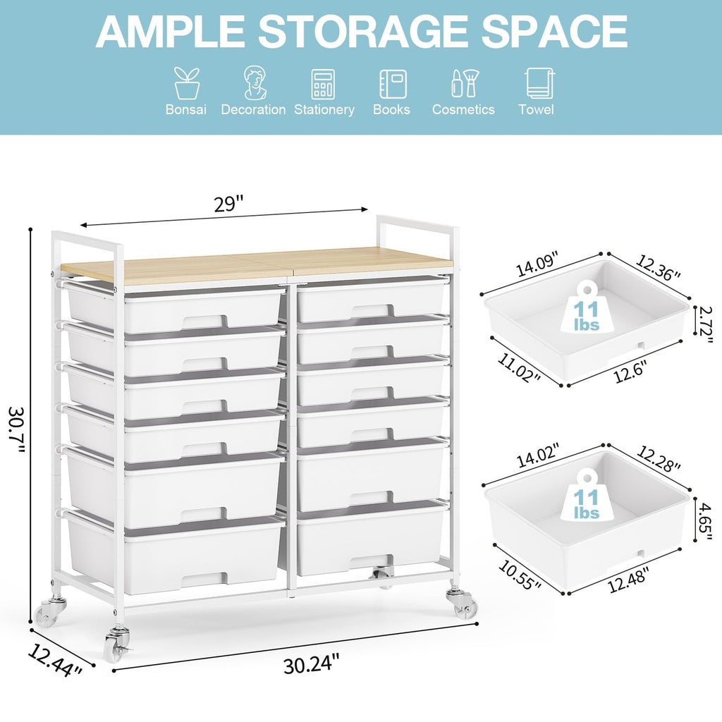 White 12 Drawers Rolling Storage Cart with Wooden Top Z715739