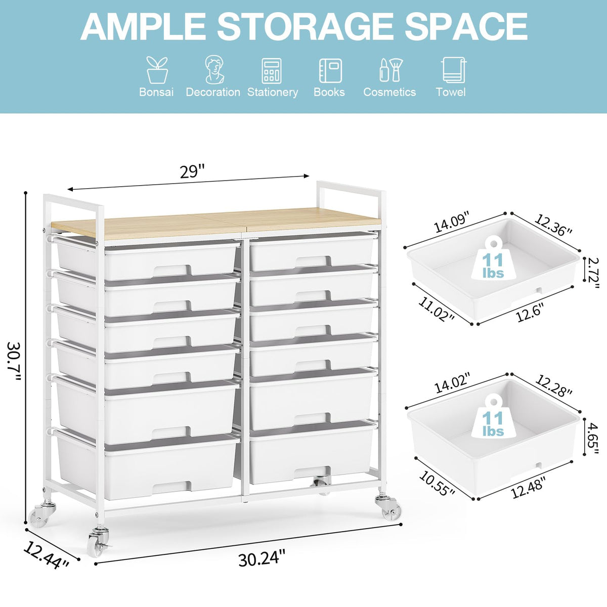 White 12 Drawers Rolling Storage Cart with Wooden Top Z715739