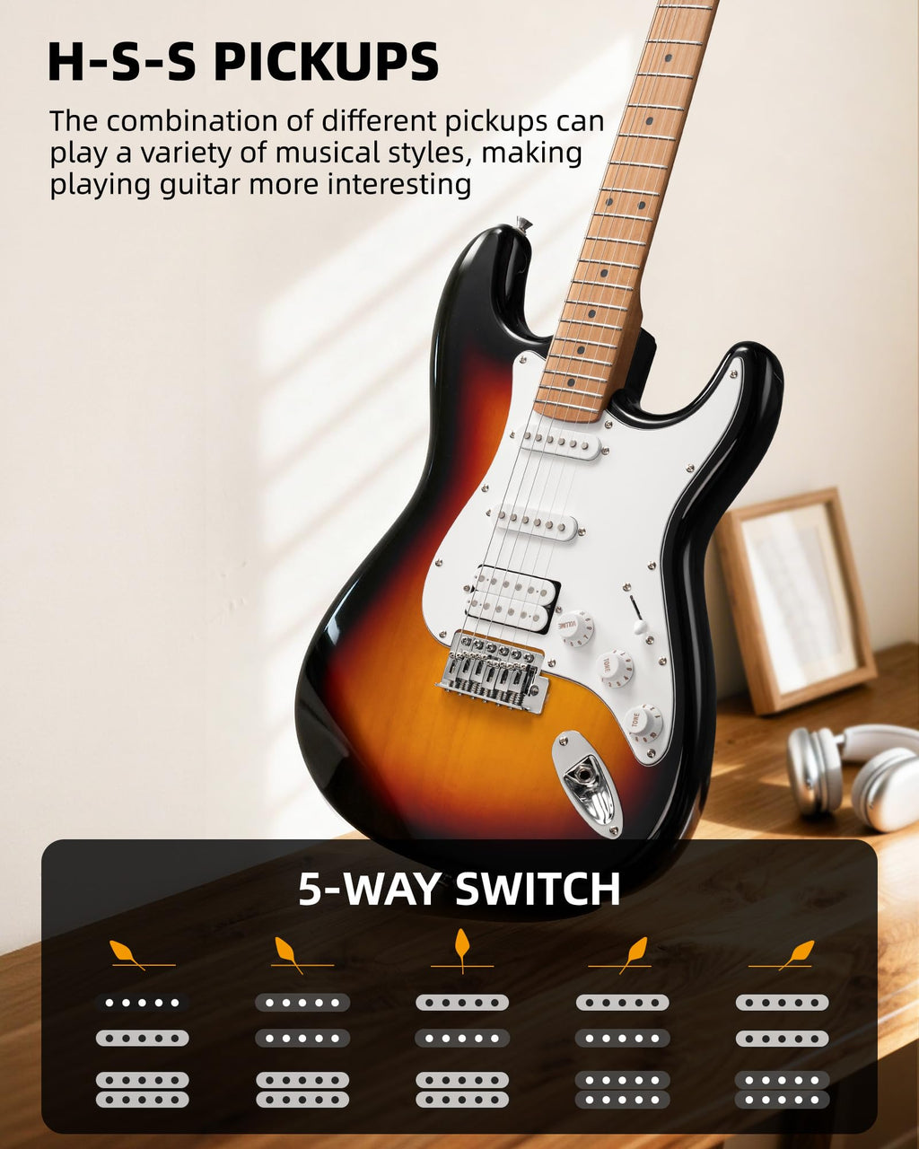 39 Inch HSS Electric Guitar Kit with 5W Mini Amp and Bag D9450