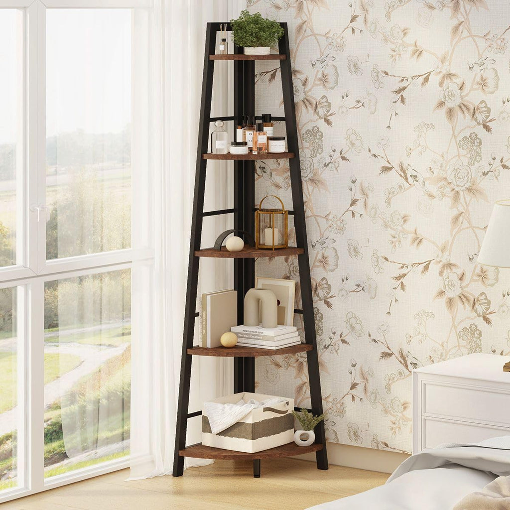 5-Tier Black Metal Wood Corner Bookshelf X895