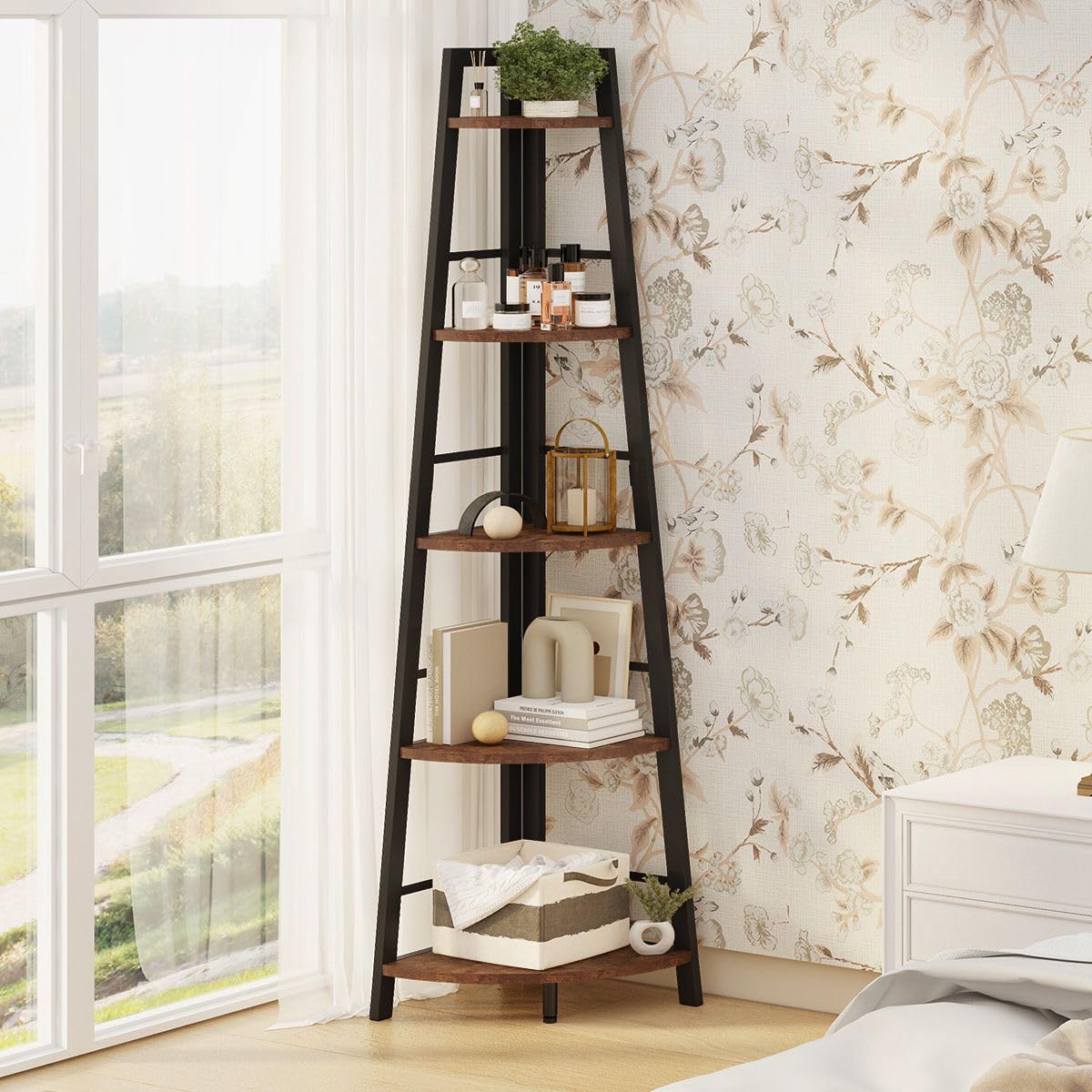 5-Tier Black Metal Wood Corner Bookshelf X895