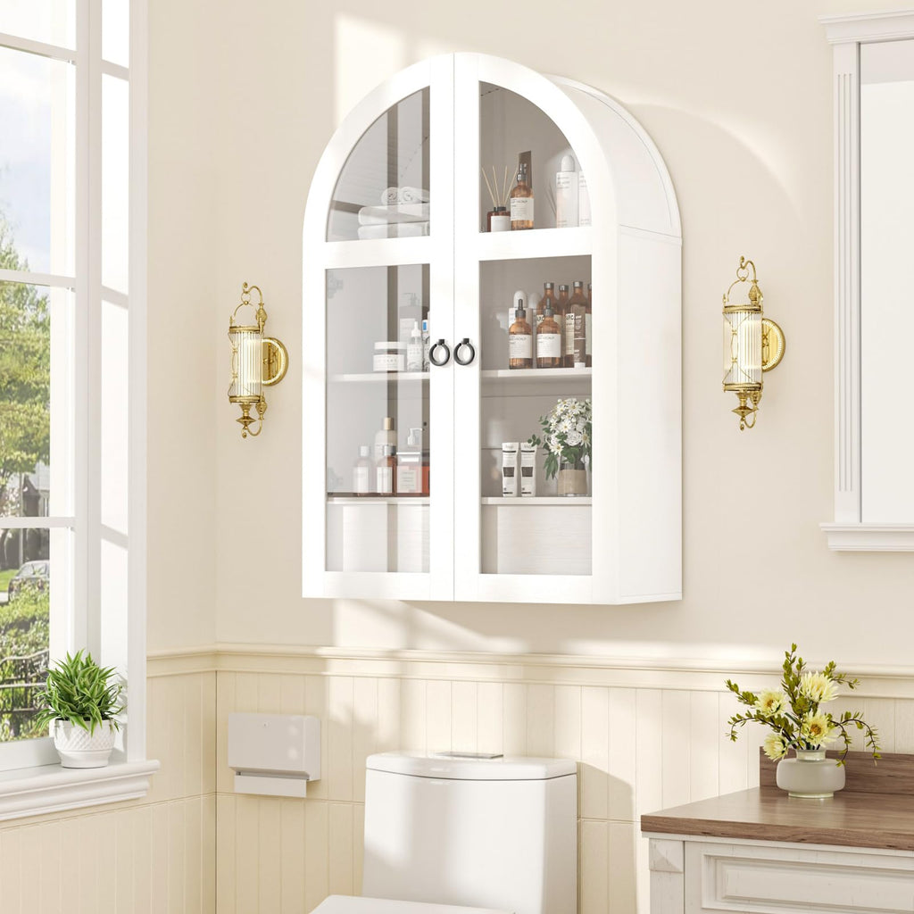 White Arched Bathroom Wall Cabinet with Tempered Glass Door and Adjustable Shelf F137