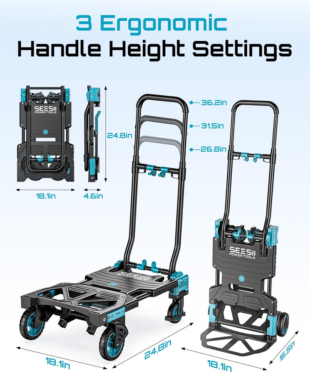 2-in-1 Folding Hand Truck, 330lb Dolly Cart with Wheels, Blue Z411