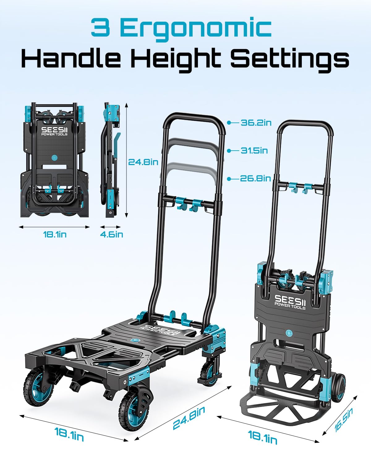 2-in-1 Folding Hand Truck, 330lb Dolly Cart with Wheels, Blue Z411