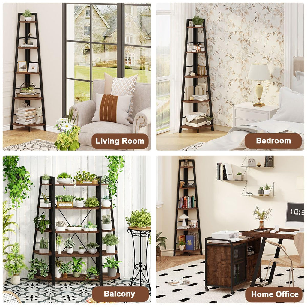 5-Tier Black Metal Wood Corner Bookshelf X895