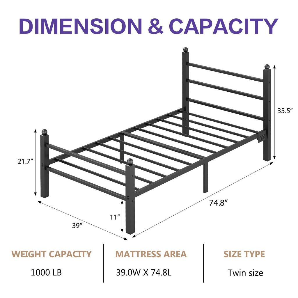 Black Twin Bed Frame with LED Lights and Charging Station E1038