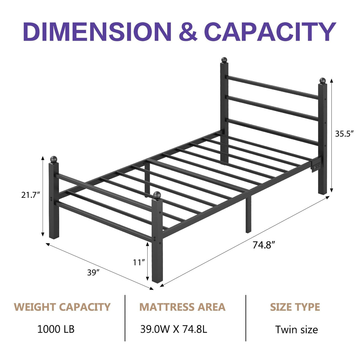 Black Twin Bed Frame with LED Lights and Charging Station E1038