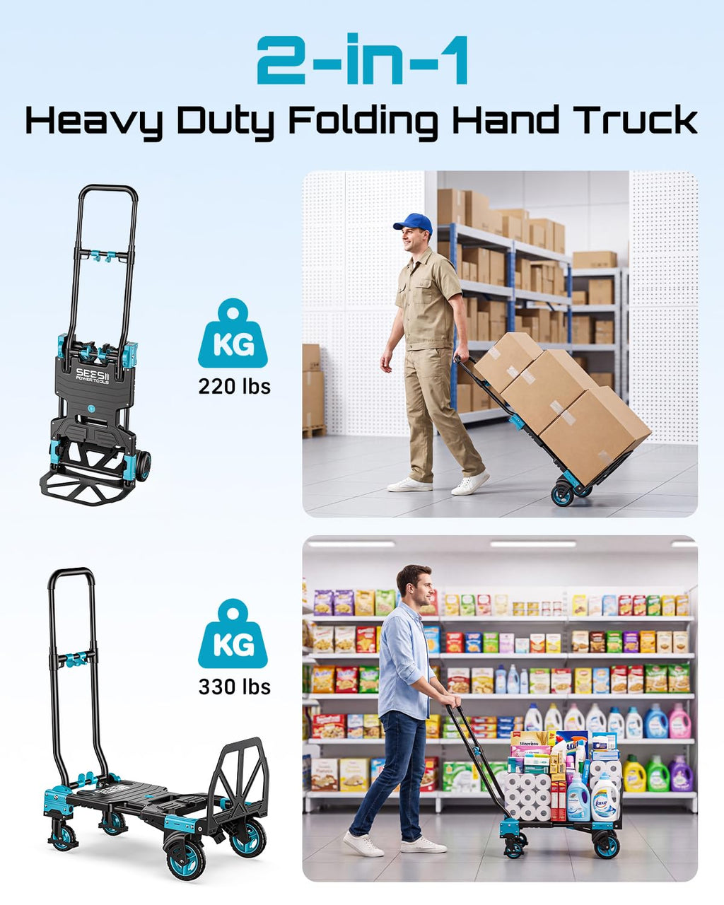 2-in-1 Folding Hand Truck, 330lb Dolly Cart with Wheels, Blue Z411