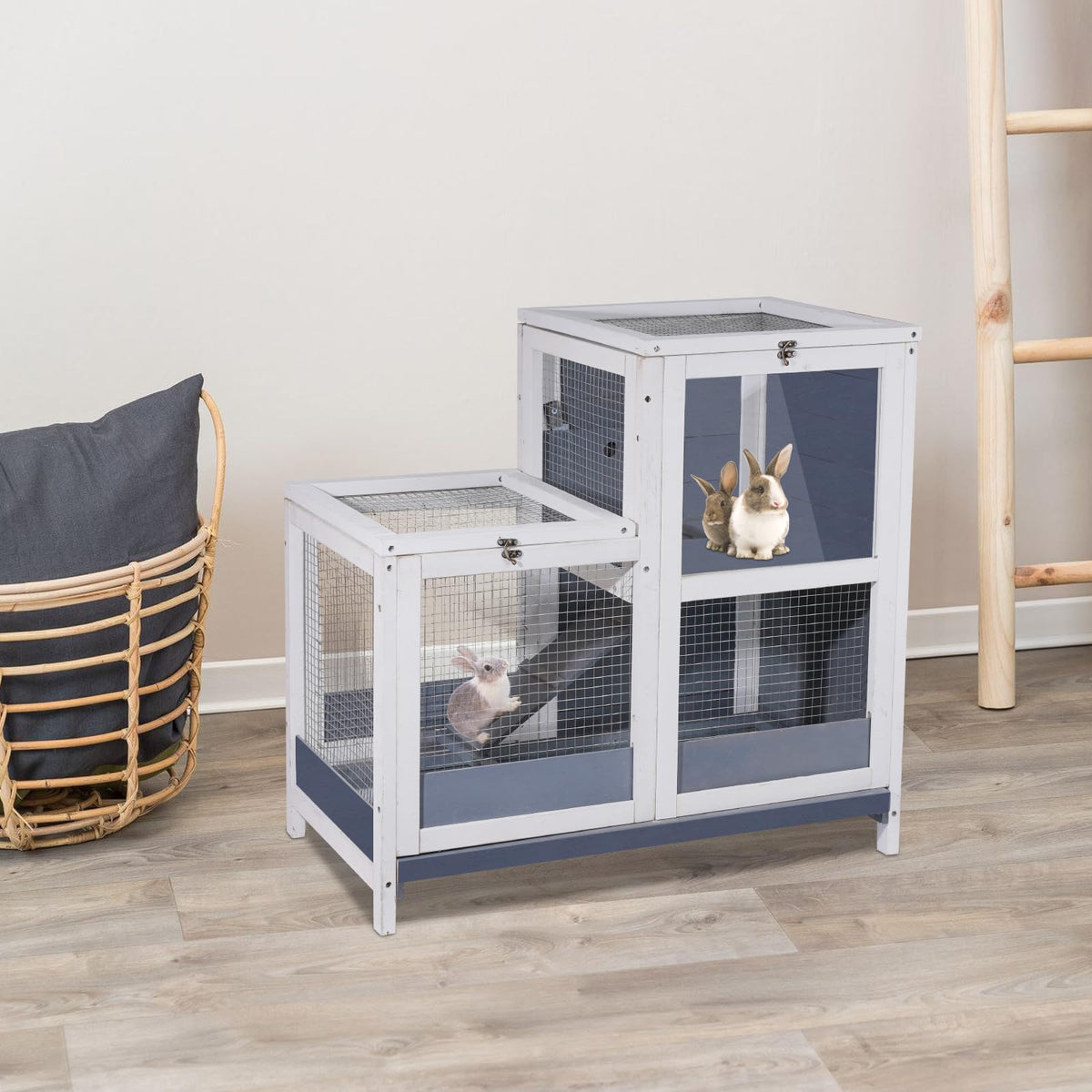 2-Story Wooden Small Animal Cage with Removable Tray and Ramp Q206