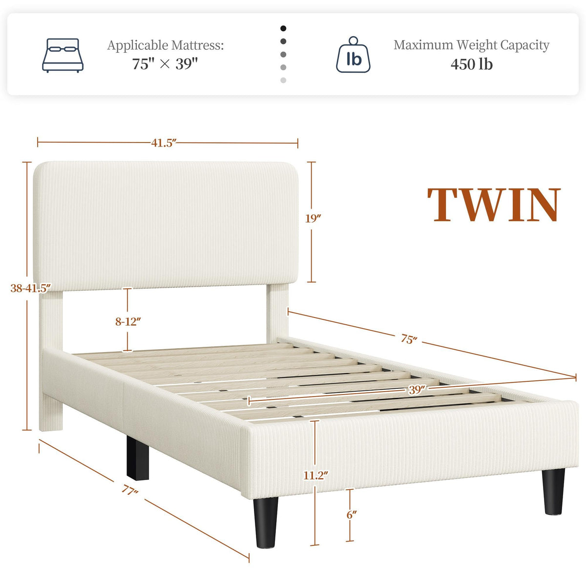 Twin Bed Frame with Adjustable Chenille Upholstered Headboard, Beige F63374