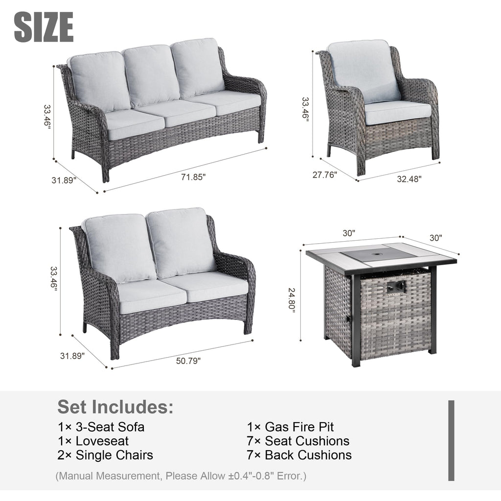5 Piece Wicker Sofa Set with Fire Pit Table A5715