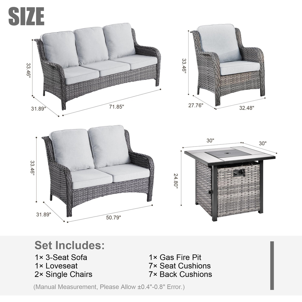5 Piece Wicker Sofa Set with Fire Pit Table A5715
