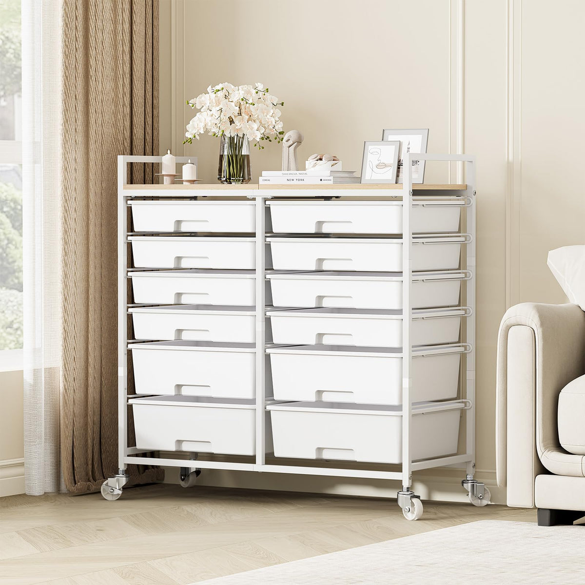 White 12 Drawers Rolling Storage Cart with Wooden Top Z715739