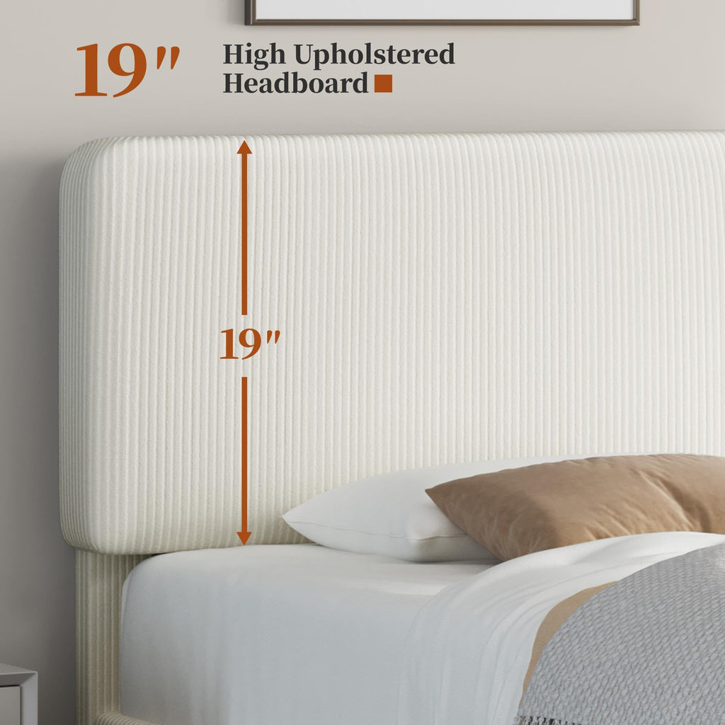 Twin Bed Frame with Adjustable Chenille Upholstered Headboard, Beige F63374