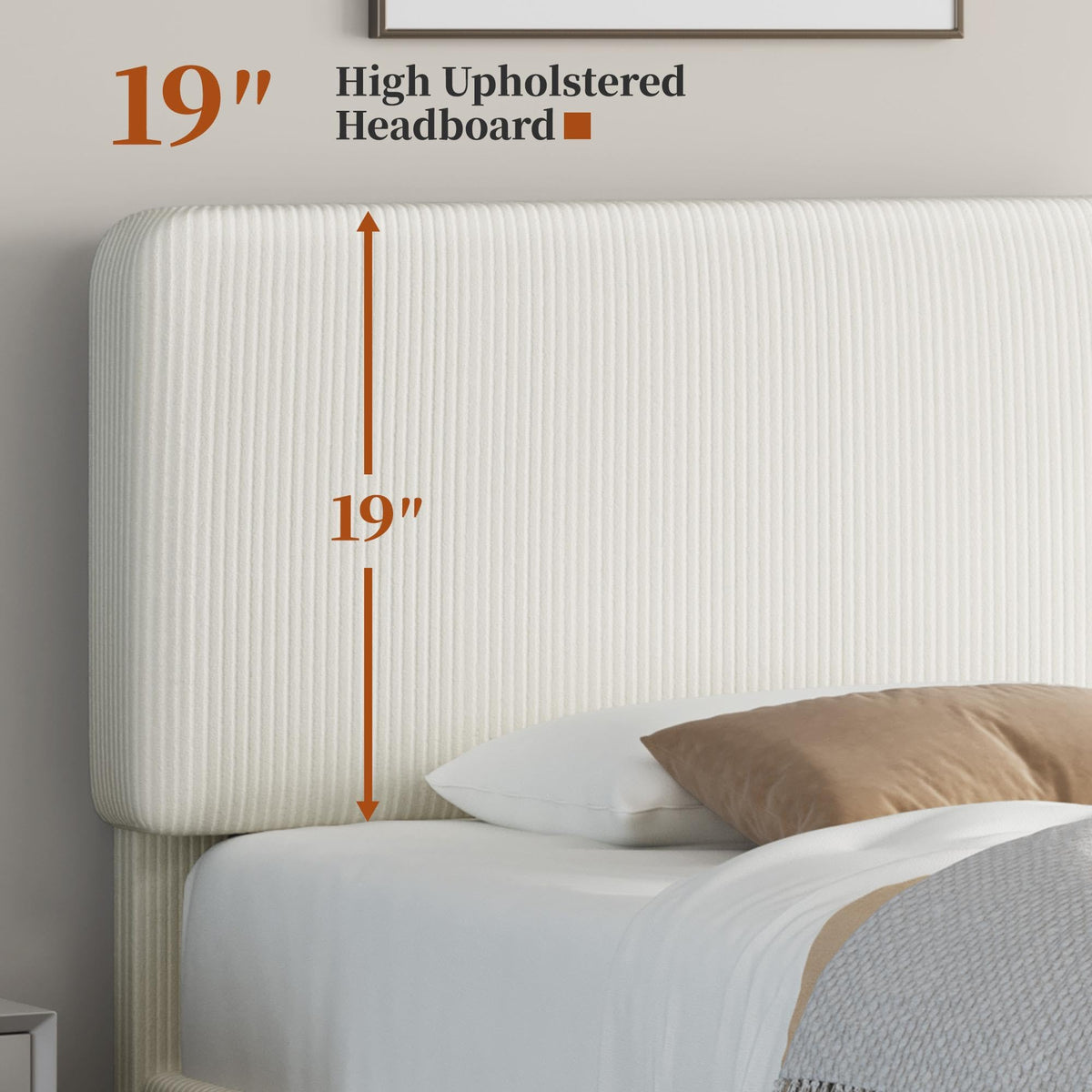 Twin Bed Frame with Adjustable Chenille Upholstered Headboard, Beige F63374